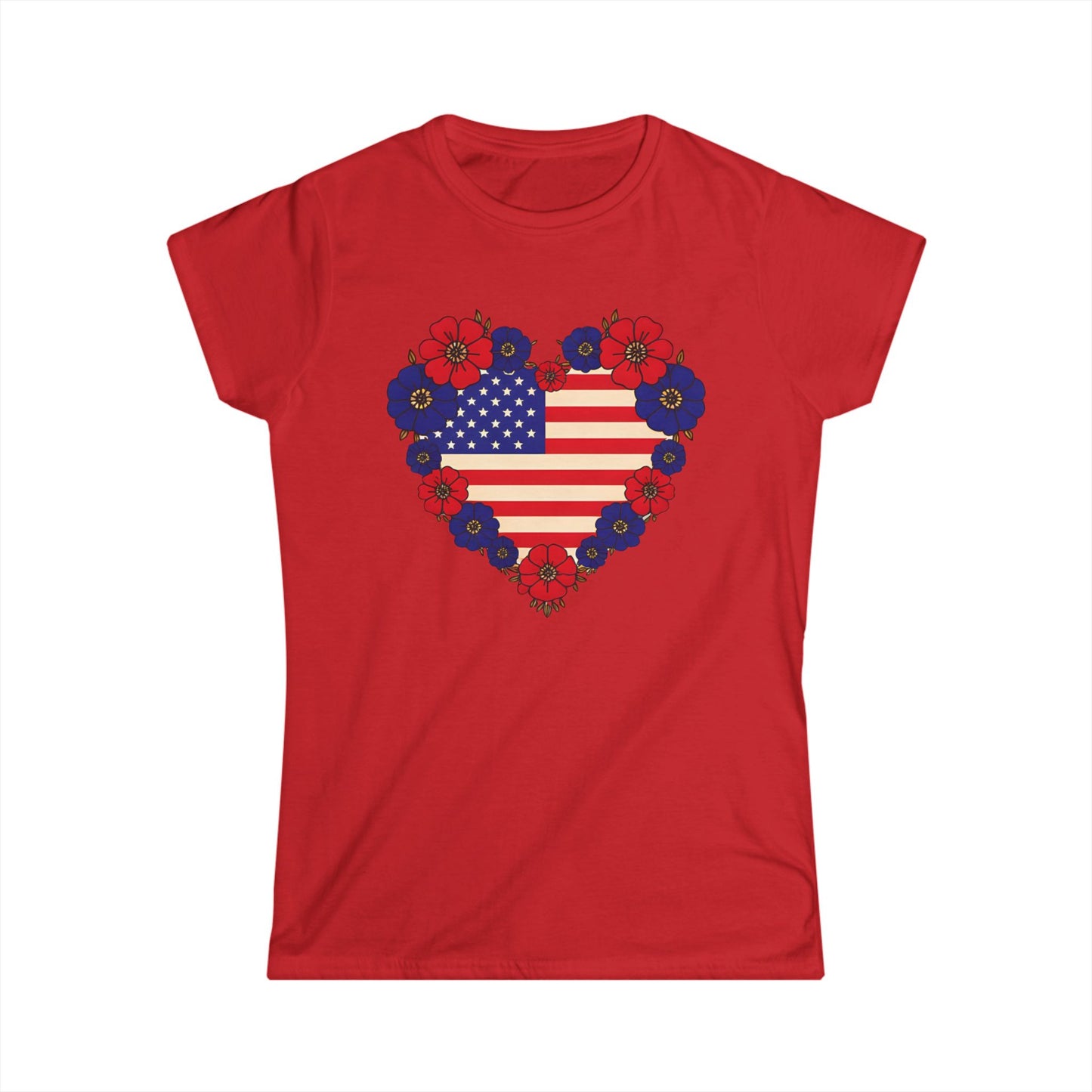 Patriotic Floral Heart Tee | Women's Softstyle USA Flag T-Shirt for Independence Day, Memorial Day, Summer Barbecues