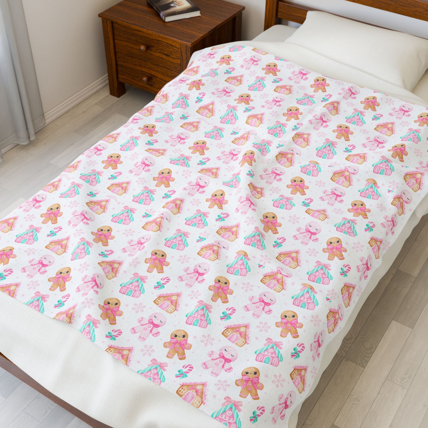 Pink Gingerbread Christmas Velveteen Plush Blanket, Holiday Cozy Soft Blanket, Great Holiday Gift, Gingerbread House Throw Bedding