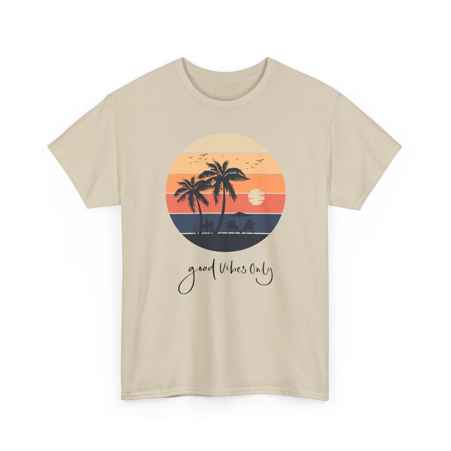 T-Shirt with Sunset Palm Graphic, Good Vibes Only Tee, Relaxed Style, Beachwear Inspiration, Summer Outfits, Vacation Casual