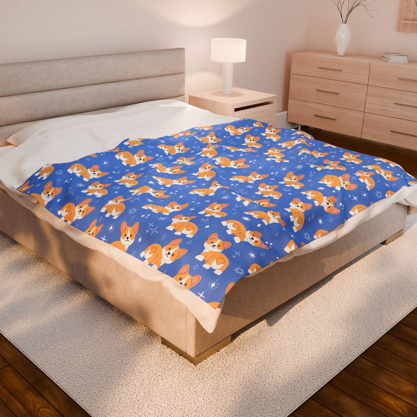 Blue Corgi Pattern Velveteen Plush Blanket, Cozy Corgi Throw Blanket, Soft Pet Blanket, Cute Dog Decor for Home, Gift for Dog Lovers