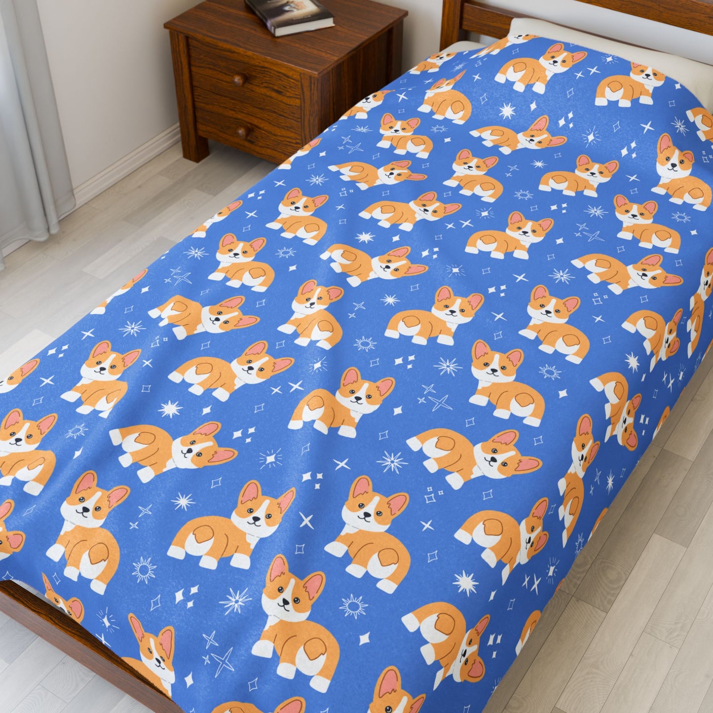 Blue Corgi Pattern Velveteen Plush Blanket, Cozy Corgi Throw Blanket, Soft Pet Blanket, Cute Dog Decor for Home, Gift for Dog Lovers