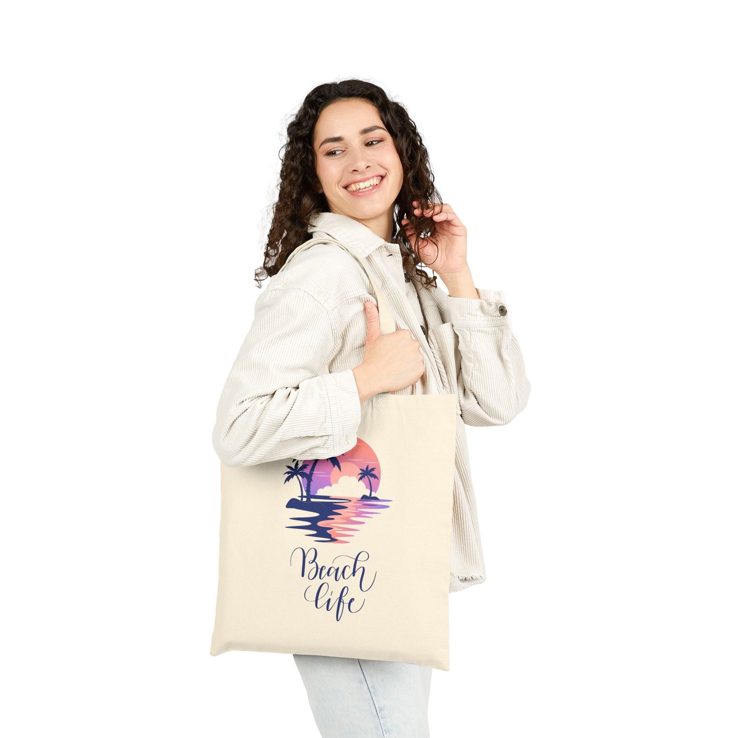 Beach Life Cotton Canvas Tote Bag – Coastal Palm Sunset Design