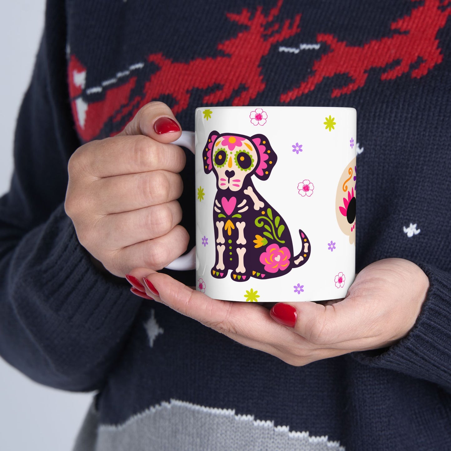 Colorful Day of the Dead Ceramic Mug, Halloween Gift, Sugar Skull Cup, Dog Lover's Mug, Festive Coffee Tea Cup