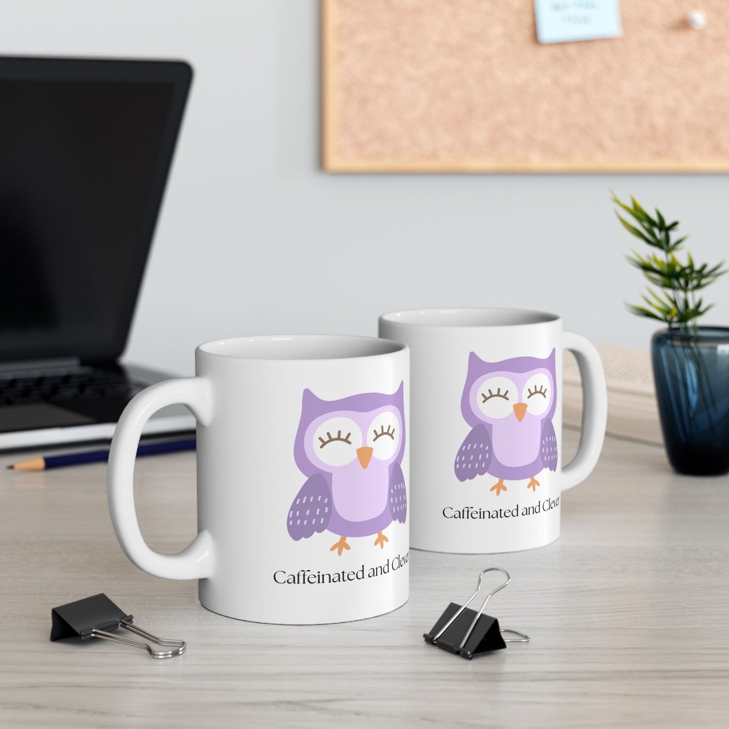 Caffeinated and Clever Mug, Cute Purple Owl Coffee Cup, Ceramic Mug for Book Lovers & Owl Fans