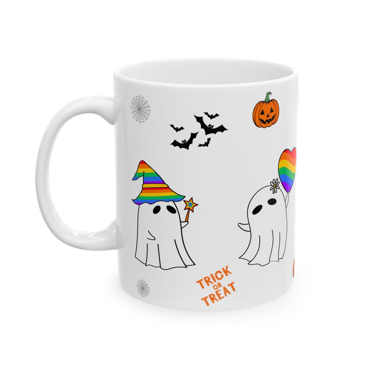 Pride Halloween Ghost Ceramic Mug, LGBTQ Coffee Mug, Rainbow Pride Tea Mug, 11oz, 15oz