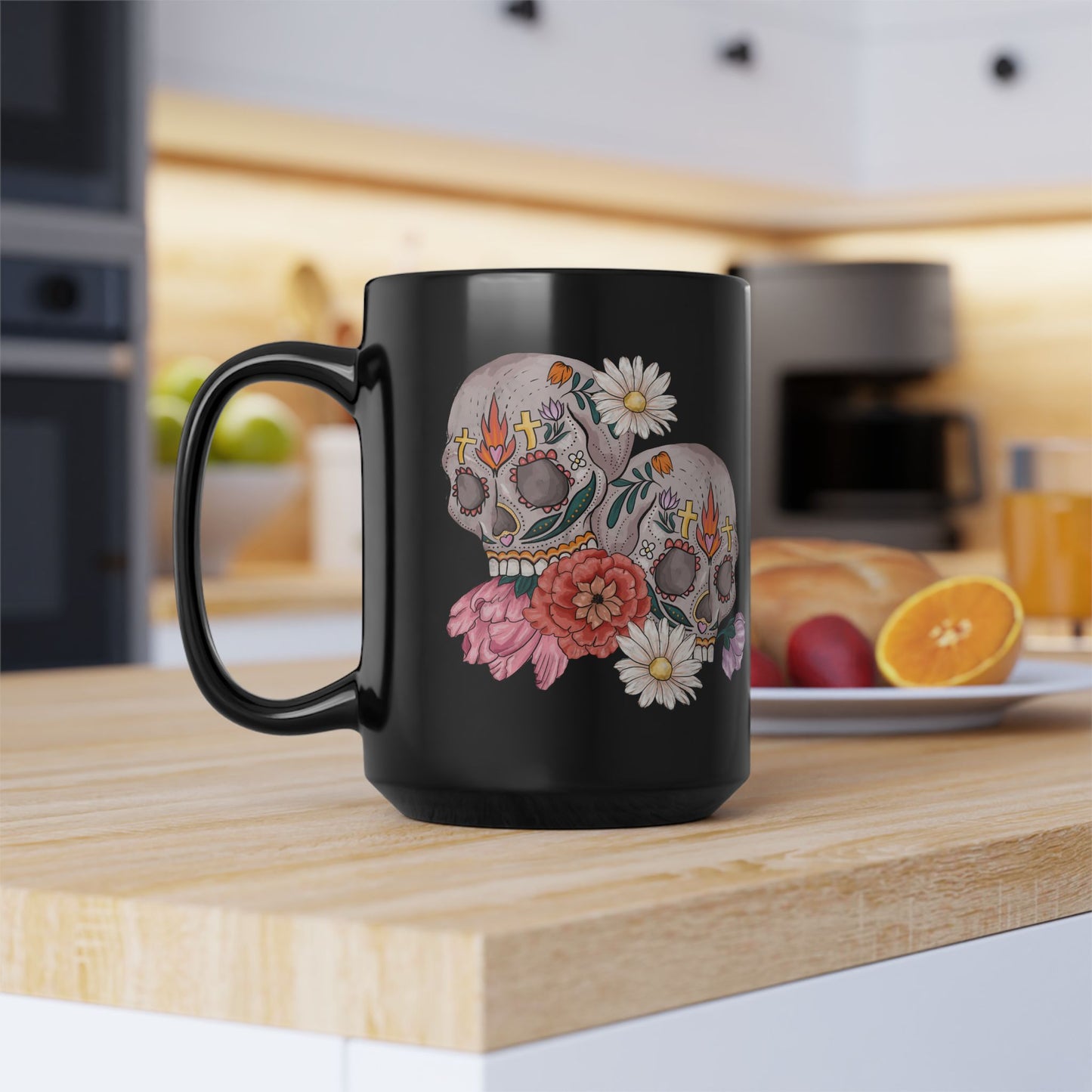 Artistic Sugar Skull Floral Mug - Perfect for Coffee Lovers, Gift for Halloween, Day of the Dead, Home Decor, Unique Art Mug