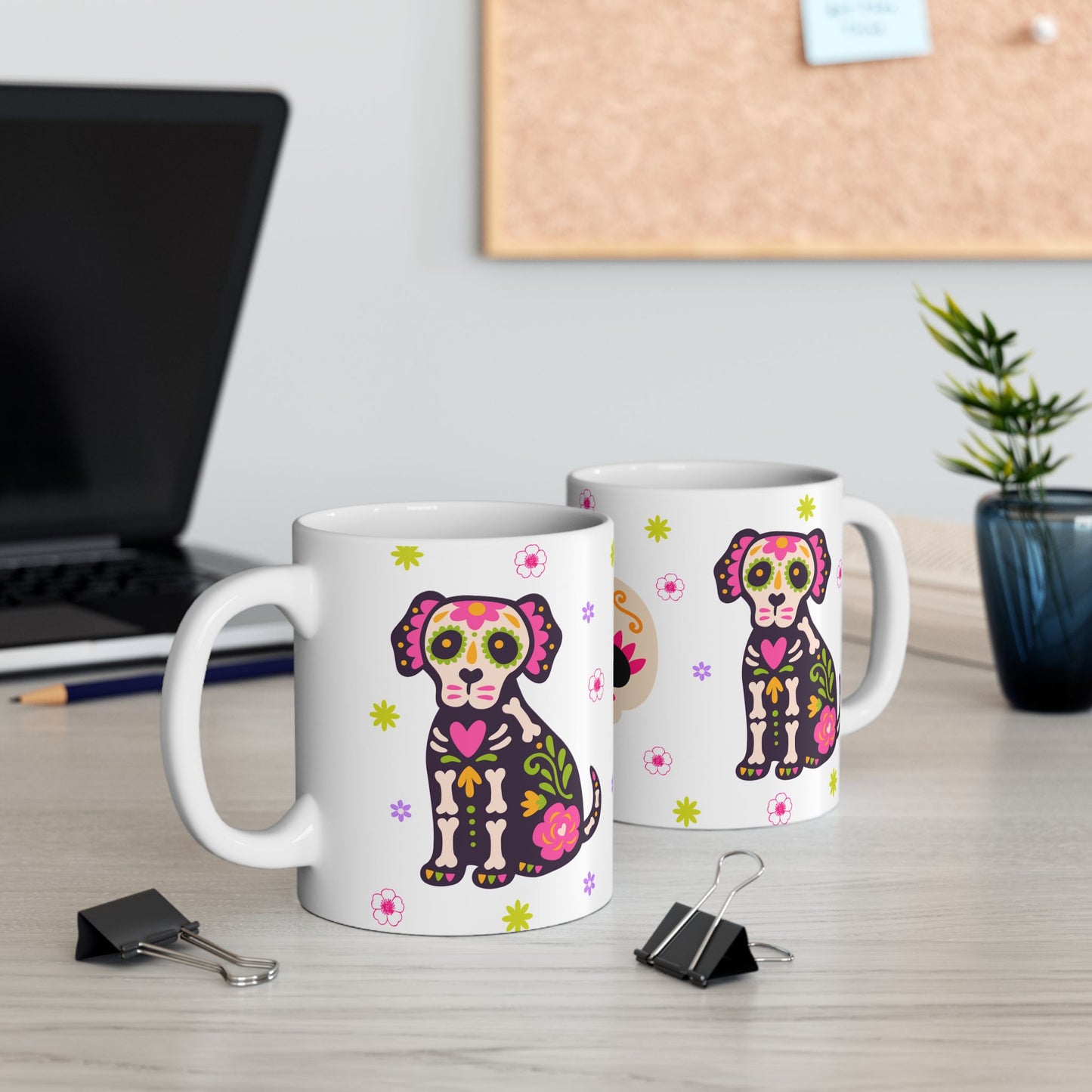 Colorful Day of the Dead Ceramic Mug, Halloween Gift, Sugar Skull Cup, Dog Lover's Mug, Festive Coffee Tea Cup