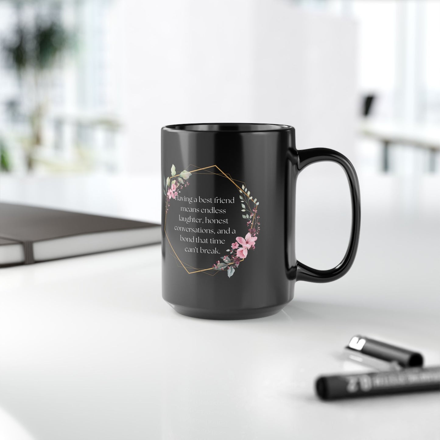 Best Friend Floral Black Mug - Inspirational Gift for Friends, Coffee Tea Lovers, Birthday, Friendship Celebrations, Motivational