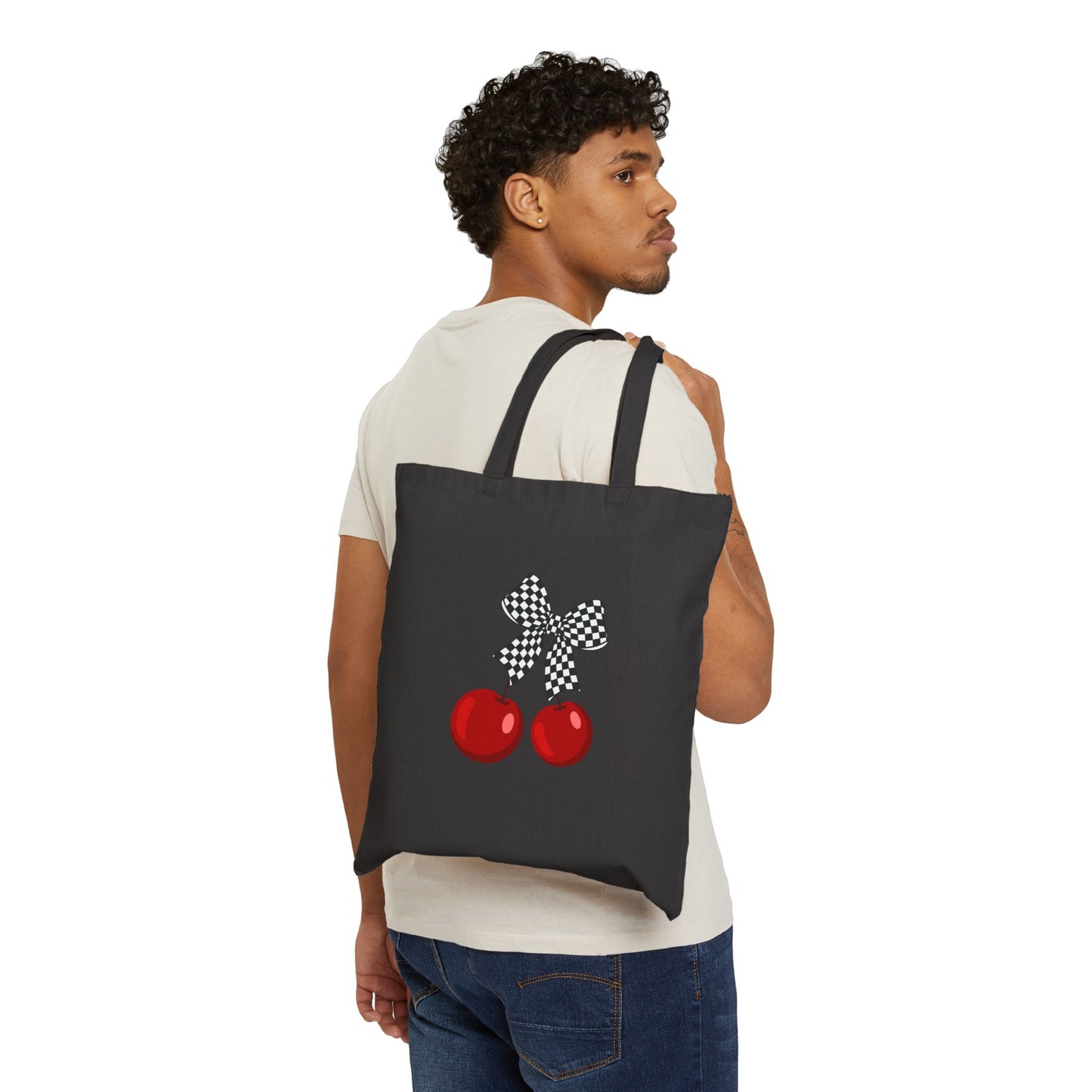 Cherry Print Canvas Tote Bag, Eco-Friendly Grocery Tote, Cute Gift for Mom, Chic Shopping Bag, Summer Accessory