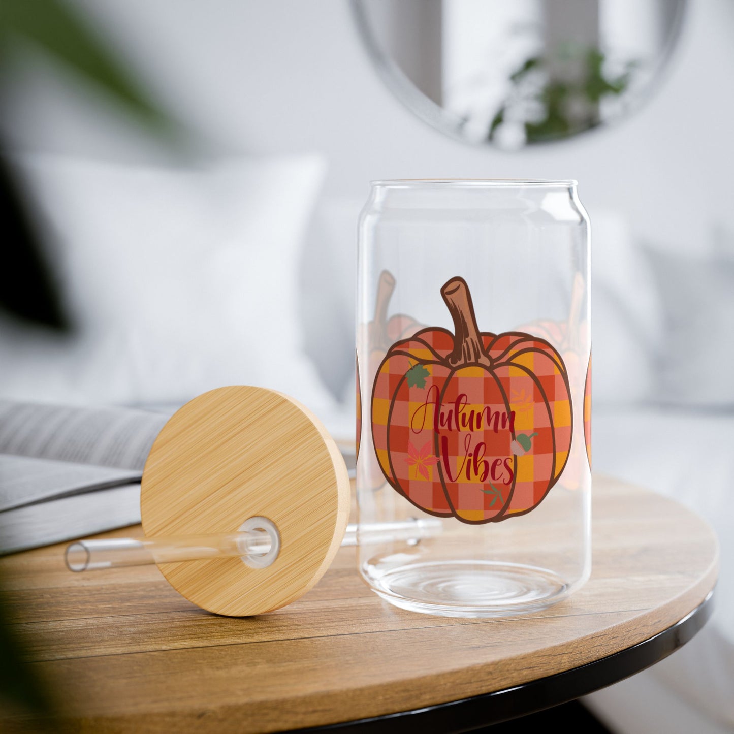 Autumn Vibes Plaid Pumpkin Sipper Glass, Fall Drinkware, Seasonal Beverage