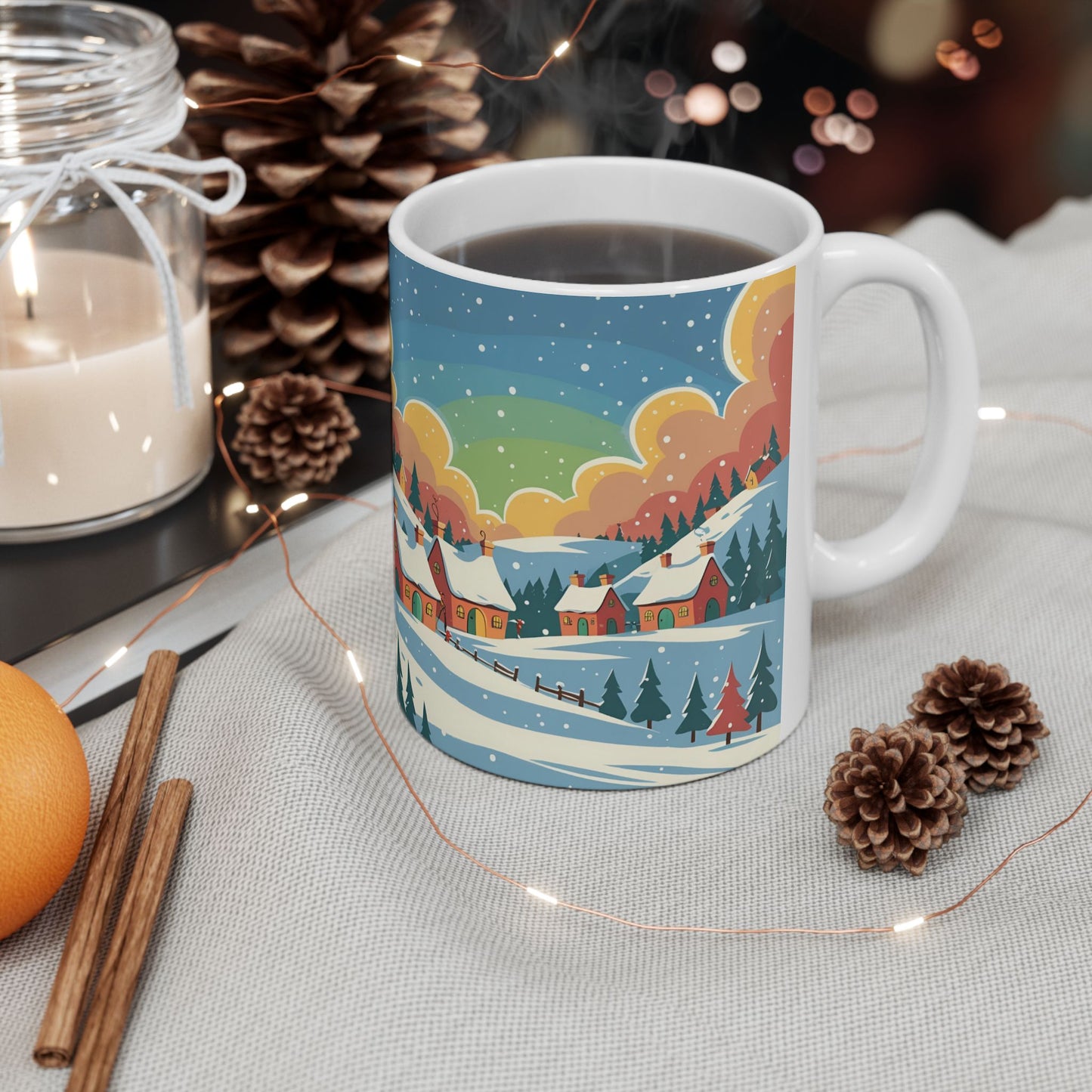 Ceramic Mug Winter Snow Scene, Town and Trees Holiday Gift, Winter Coffee Cup, Festive Hot Cocoa Mug, Christmas Gift, Seasonal Tea
