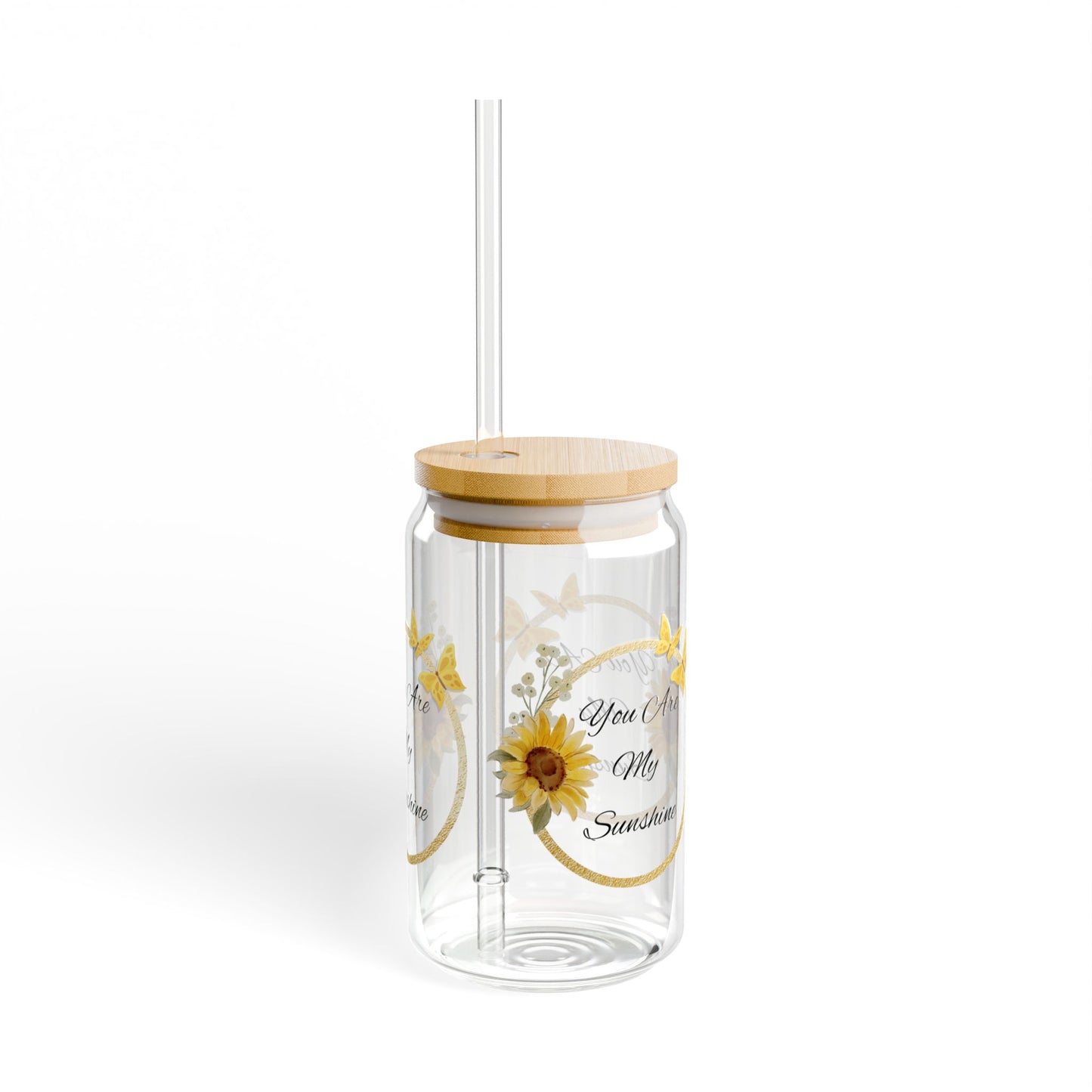 You Are My Sunshine Glass, 16oz Sunflower and Butterfly Sipper Cup with Bamboo Lid & Straw, Gift for Her, Summer Iced Coffee Glass