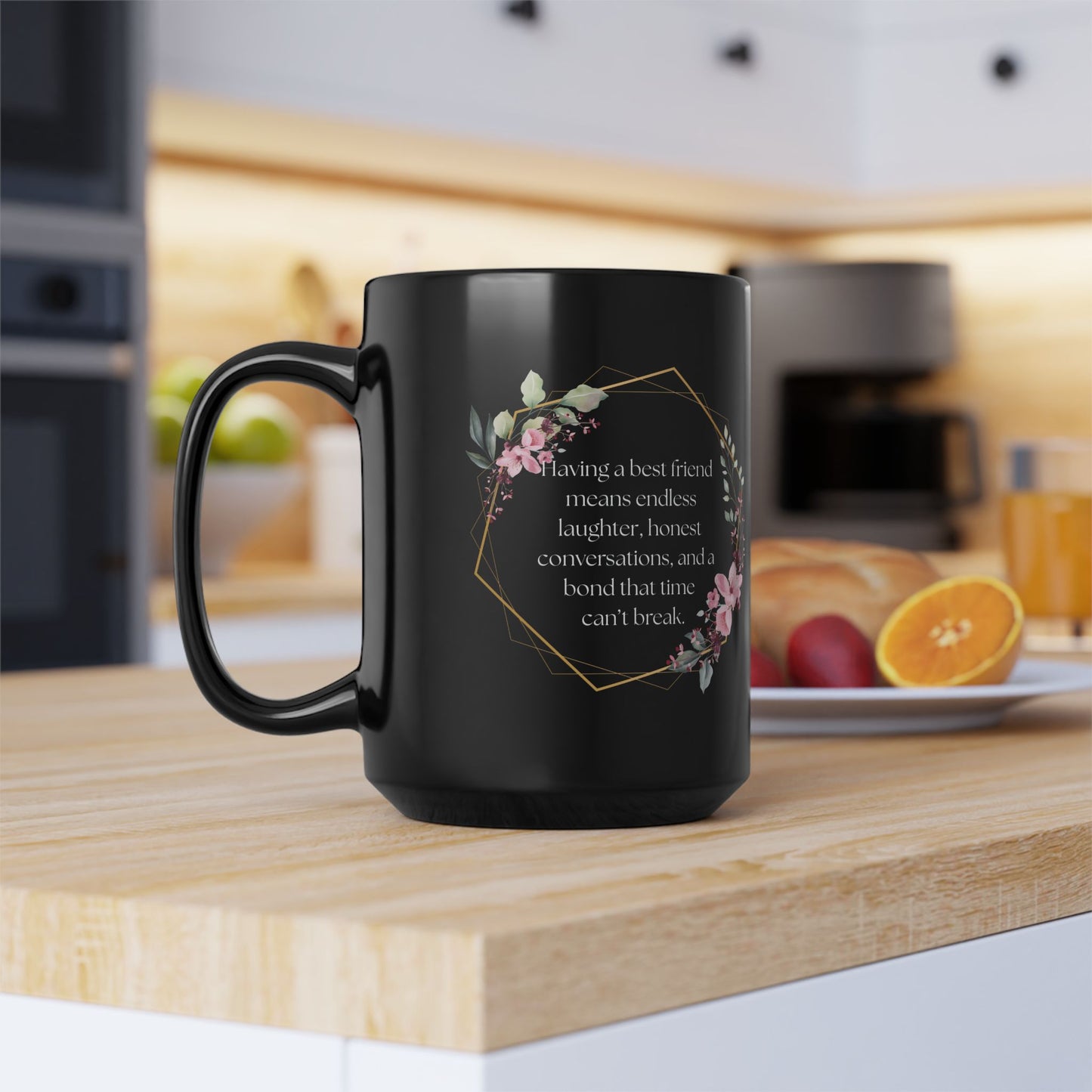 Best Friend Floral Black Mug - Inspirational Gift for Friends, Coffee Tea Lovers, Birthday, Friendship Celebrations, Motivational