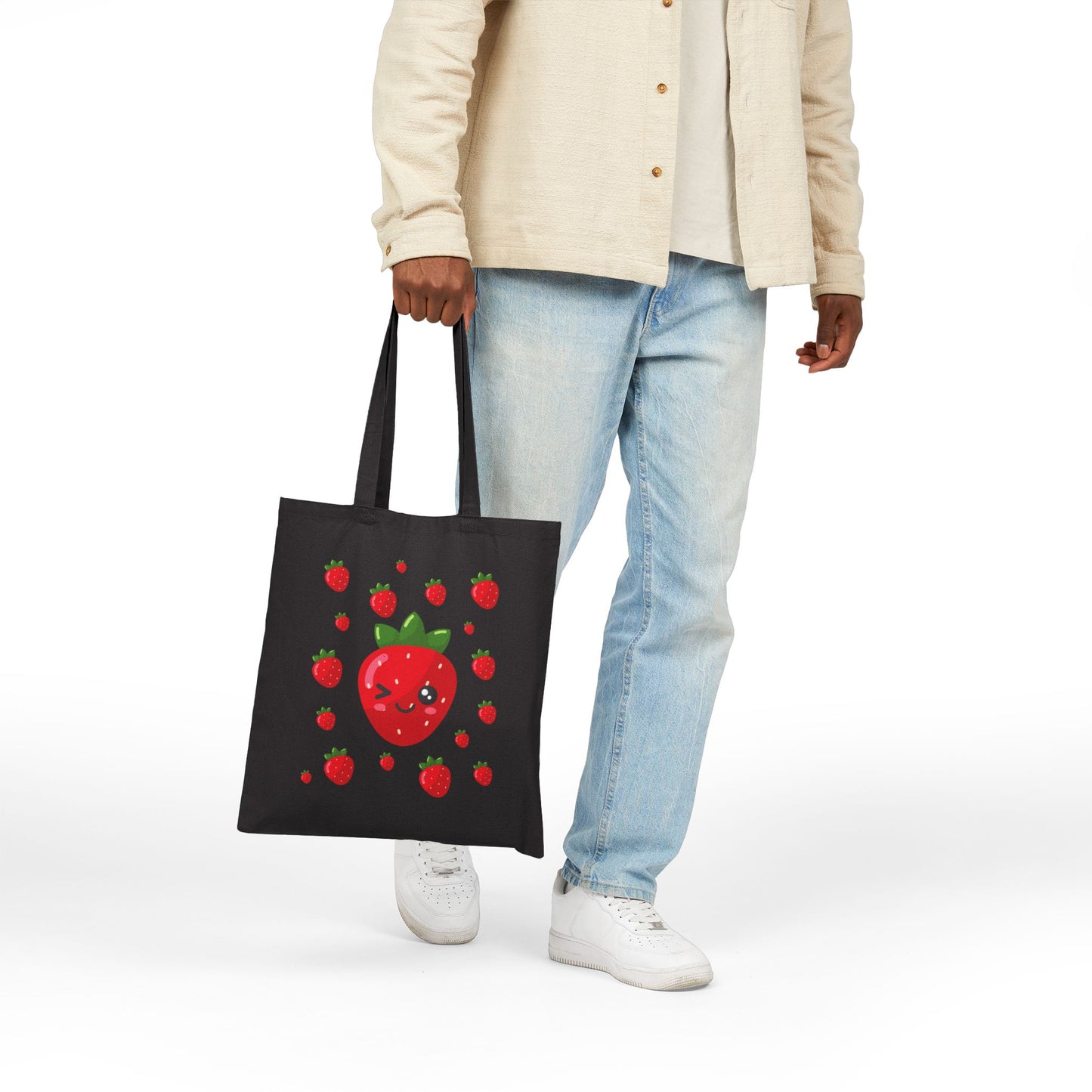 Kawaii Strawberry Canvas Tote Bag, Eco-Friendly Shopping Bag, Cute Tote for Groceries, Beach, or School, Gift for Fruit Lovers