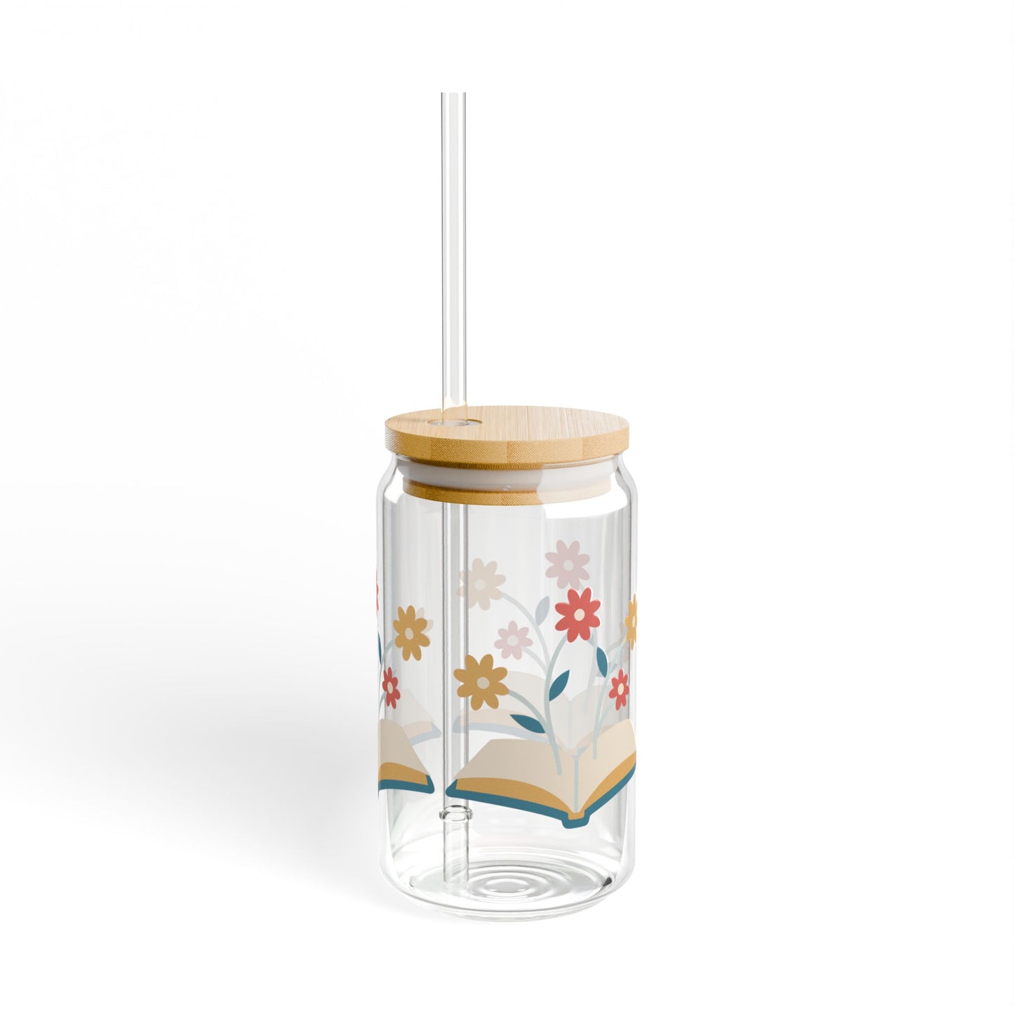 Floral Book Glass, 16oz Book Lover Sipper Cup with Bamboo Lid & Straw, Aesthetic Reading Gift, Cozy Iced Coffee Glass for Readers