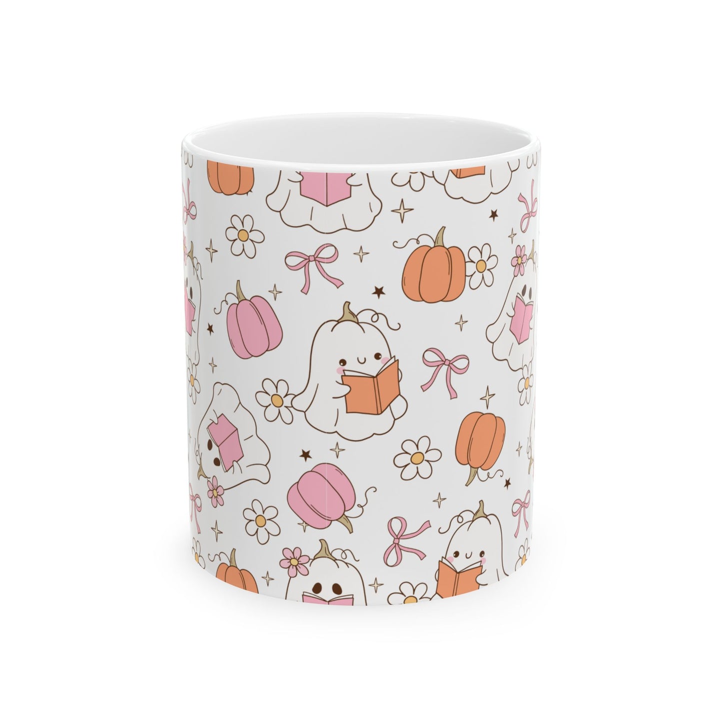 Halloween Ghost Pumpkin Pink Ceramic Mug, Trick or Treat Cup, Fall Season Coffee Mug, Halloween Decor, Autumn Tea Cup