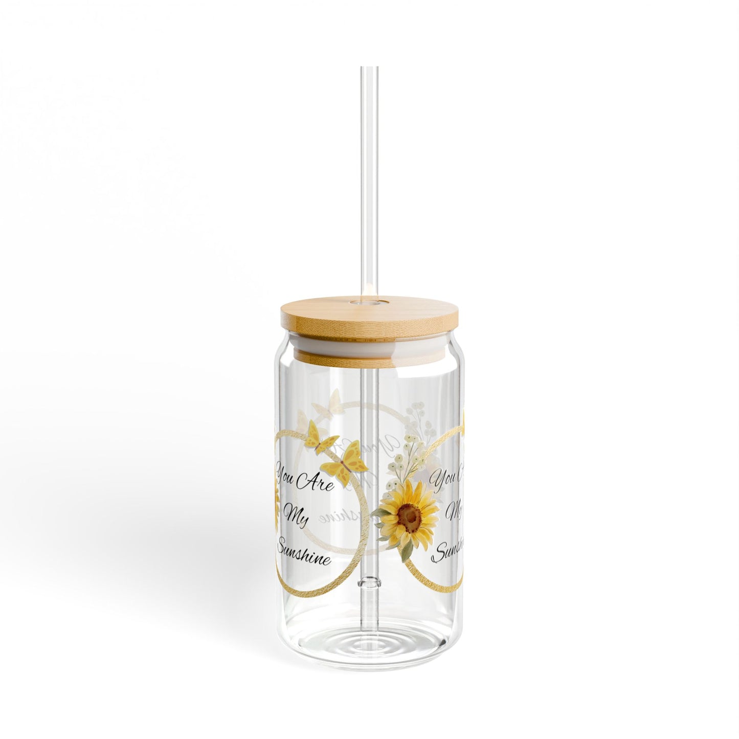You Are My Sunshine Glass, 16oz Sunflower and Butterfly Sipper Cup with Bamboo Lid & Straw, Gift for Her, Summer Iced Coffee Glass