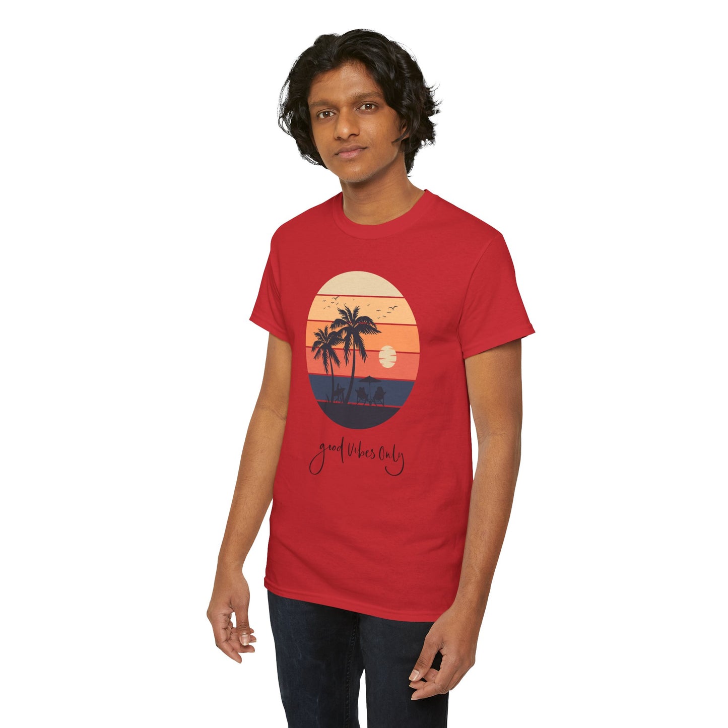 T-Shirt with Sunset Palm Graphic, Good Vibes Only Tee, Relaxed Style, Beachwear Inspiration, Summer Outfits, Vacation Casual
