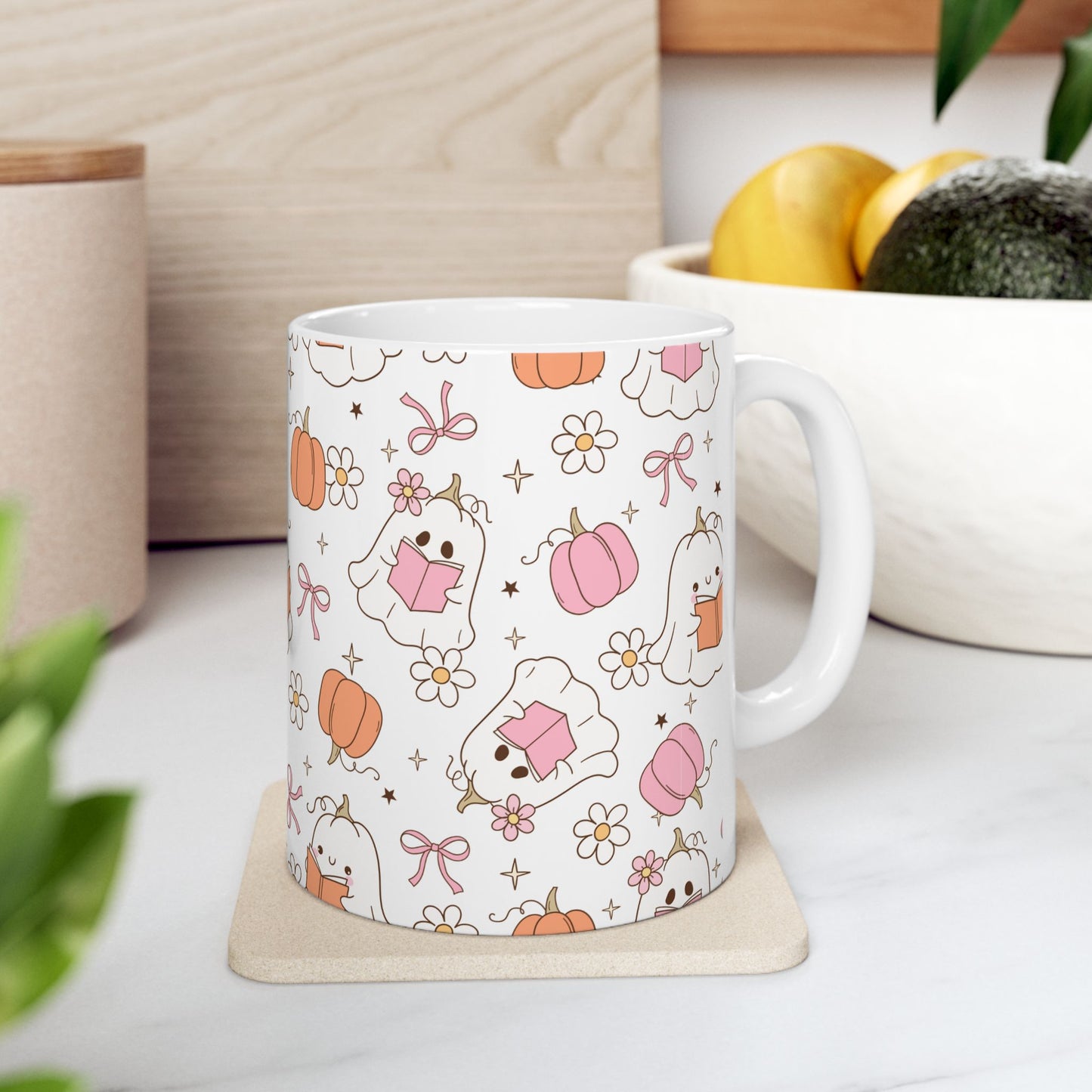 Halloween Ghost Pumpkin Pink Ceramic Mug, Trick or Treat Cup, Fall Season Coffee Mug, Halloween Decor, Autumn Tea Cup