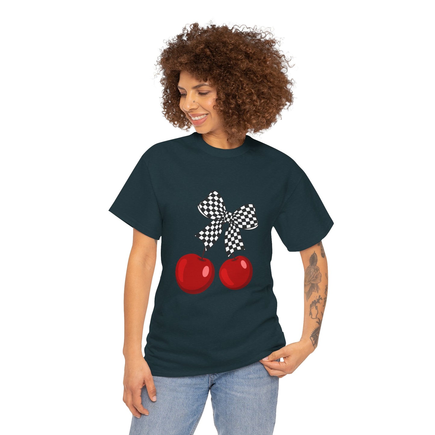 Cherry Bow Unisex Heavy Cotton Tee, Cute Graphic Tee, Casual Wear, Summer Shirt, Perfect Gift, Retro Style Tee