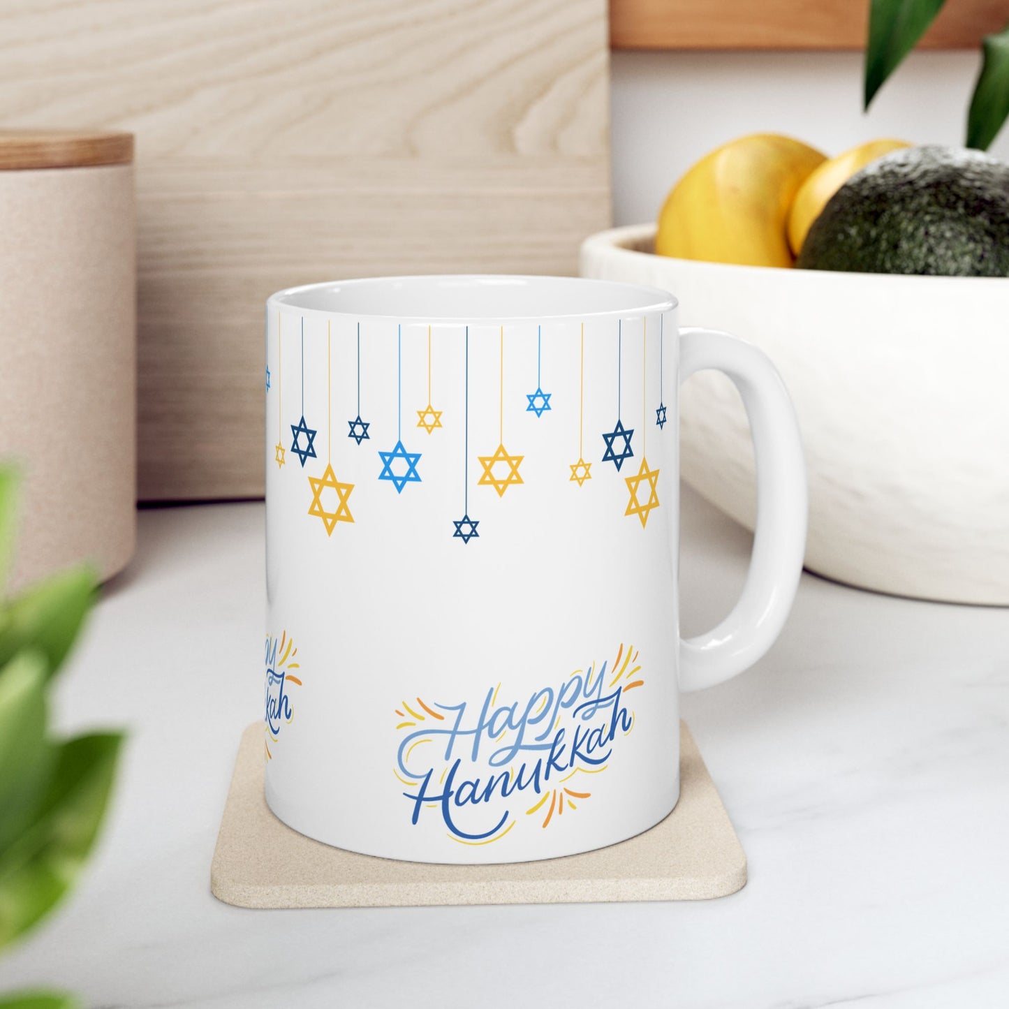 Happy Hanukkah Ceramic Mug – Blue & Gold Star of David Design, 11oz or 15oz Gift Mug 11oz or 15oz