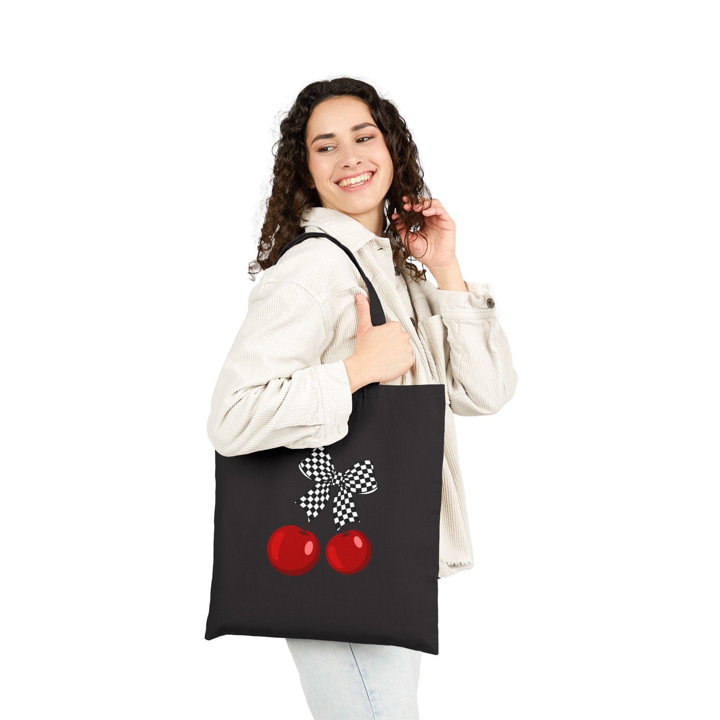 Cherry Print Canvas Tote Bag, Eco-Friendly Grocery Tote, Cute Gift for Mom, Chic Shopping Bag, Summer Accessory