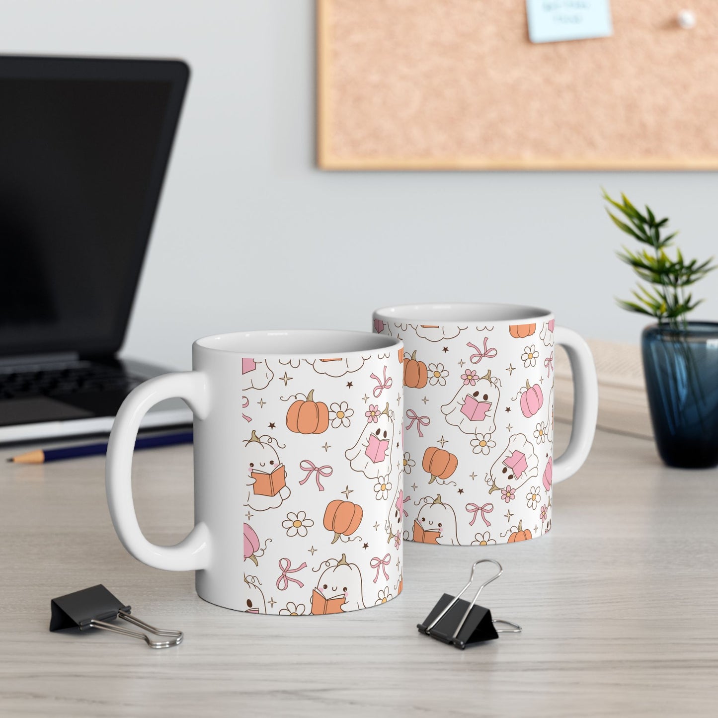 Halloween Ghost Pumpkin Pink Ceramic Mug, Trick or Treat Cup, Fall Season Coffee Mug, Halloween Decor, Autumn Tea Cup