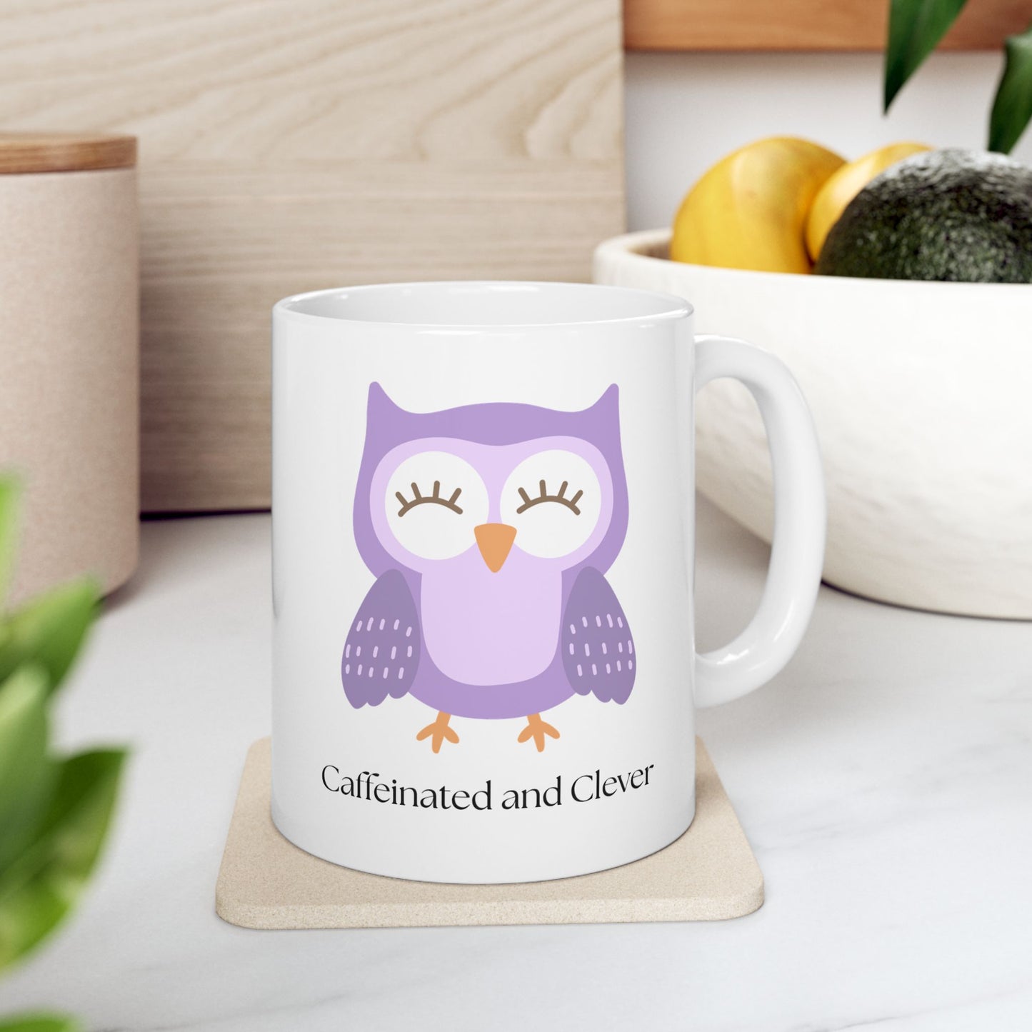 Caffeinated and Clever Mug, Cute Purple Owl Coffee Cup, Ceramic Mug for Book Lovers & Owl Fans