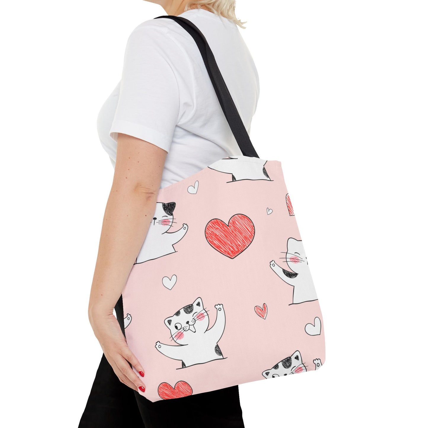 Cute Cat & Heart Canvas Tote Bag β Pink Reusable Shopping Bag for Cat Lovers