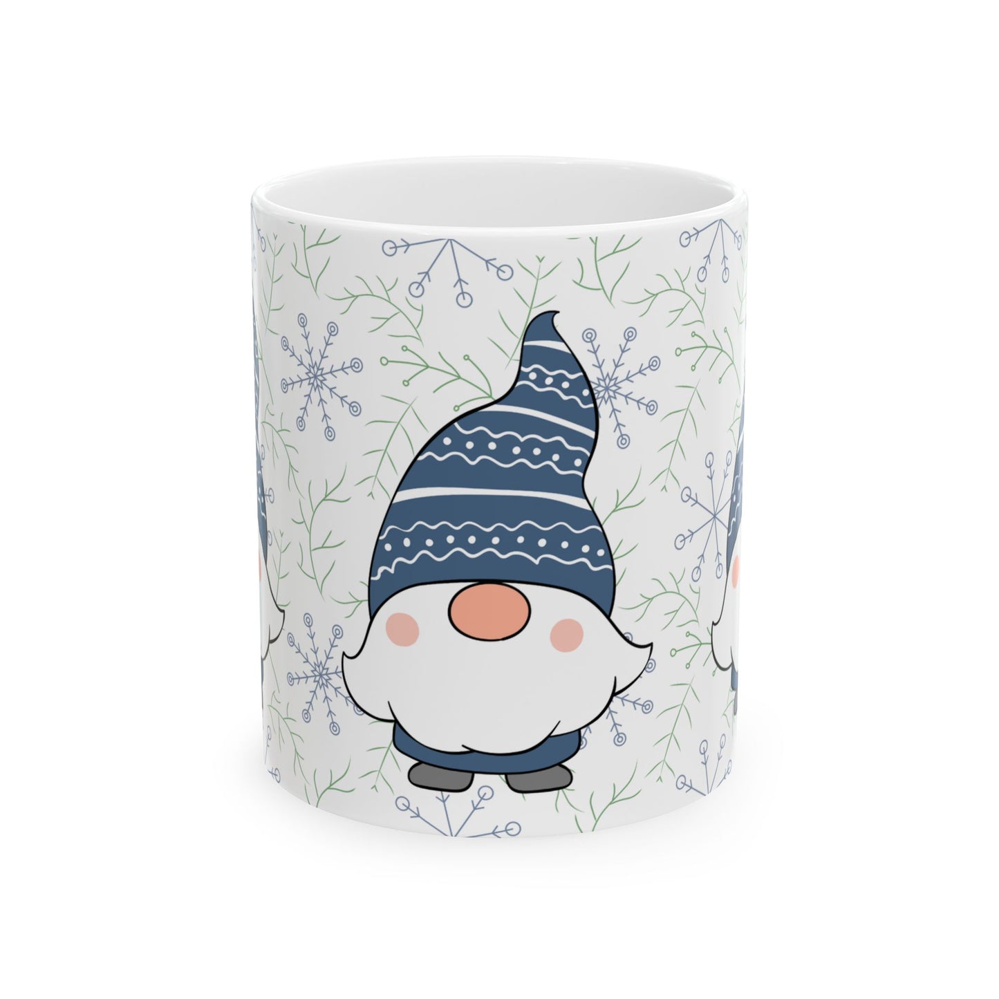 Blue Gnome Winter Mug, Snowflake Ceramic Coffee Cup, Cozy Christmas Gift, 11oz Holiday Gnome Mug