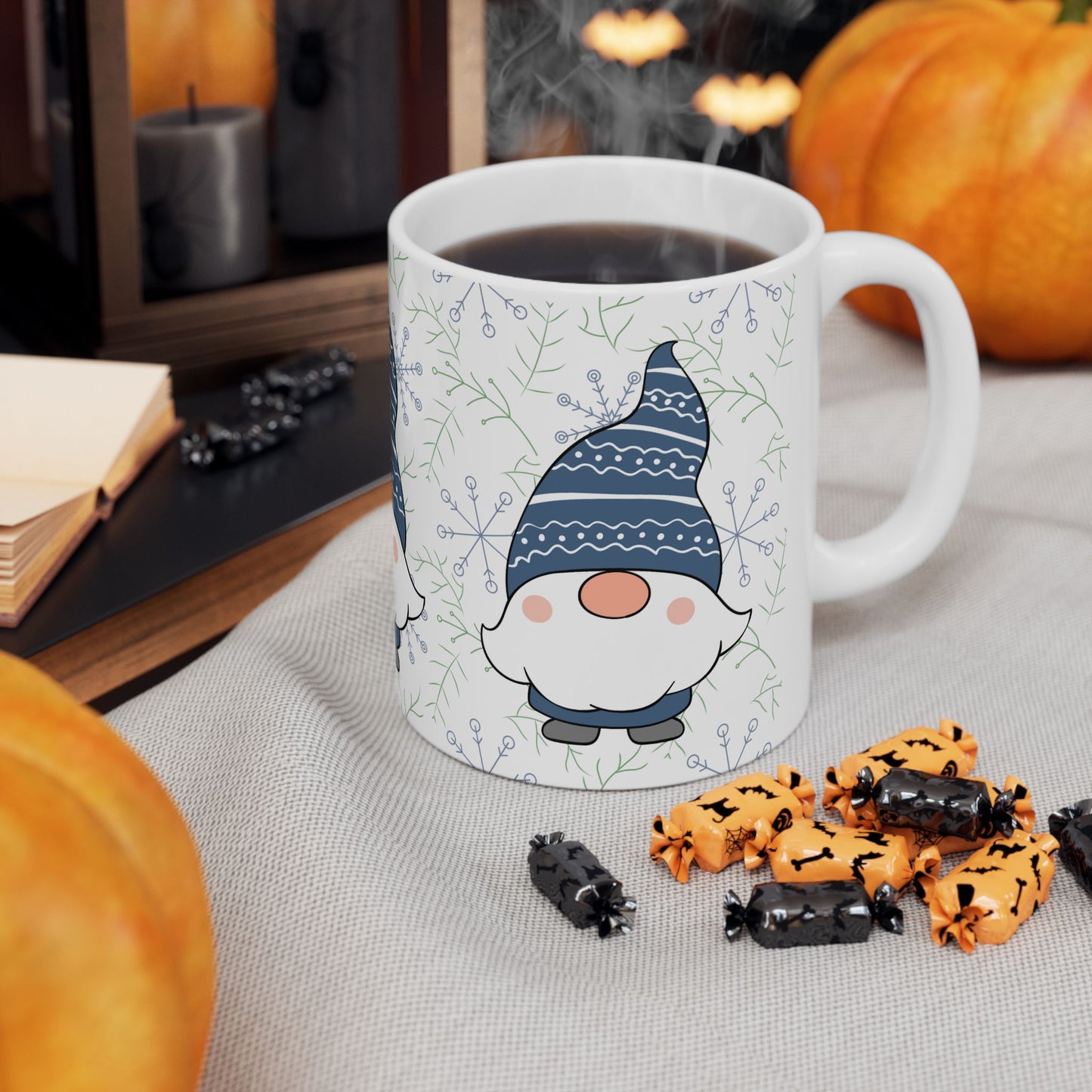 Blue Gnome Winter Mug, Snowflake Ceramic Coffee Cup, Cozy Christmas Gift, 11oz Holiday Gnome Mug