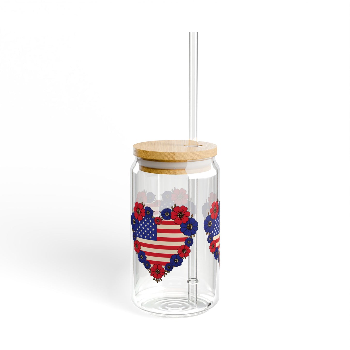 Patriotic Floral Heart Sipper Glass, 16oz - USA Heart Design, Floral Water Bottle, Summer Drinkware, Eco-Friendly Tumblers