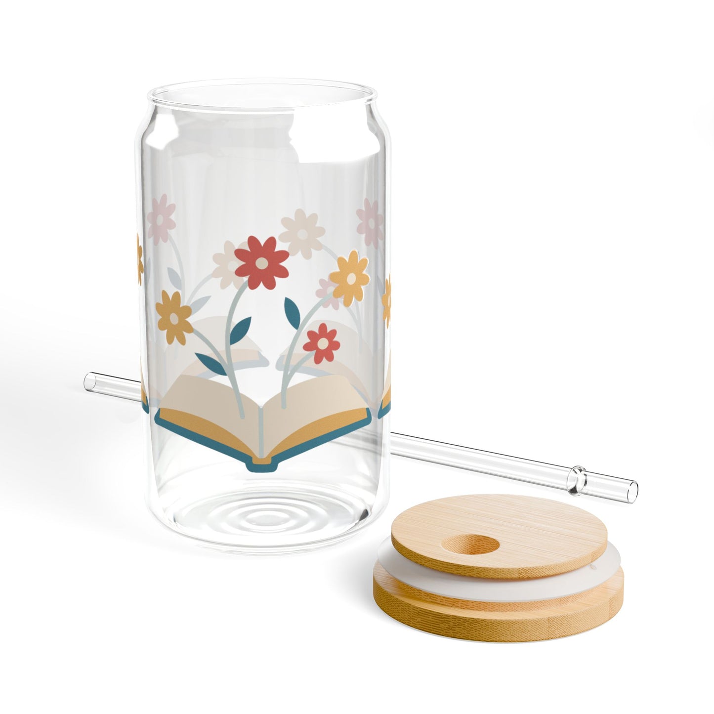 Floral Book Glass, 16oz Book Lover Sipper Cup with Bamboo Lid & Straw, Aesthetic Reading Gift, Cozy Iced Coffee Glass for Readers