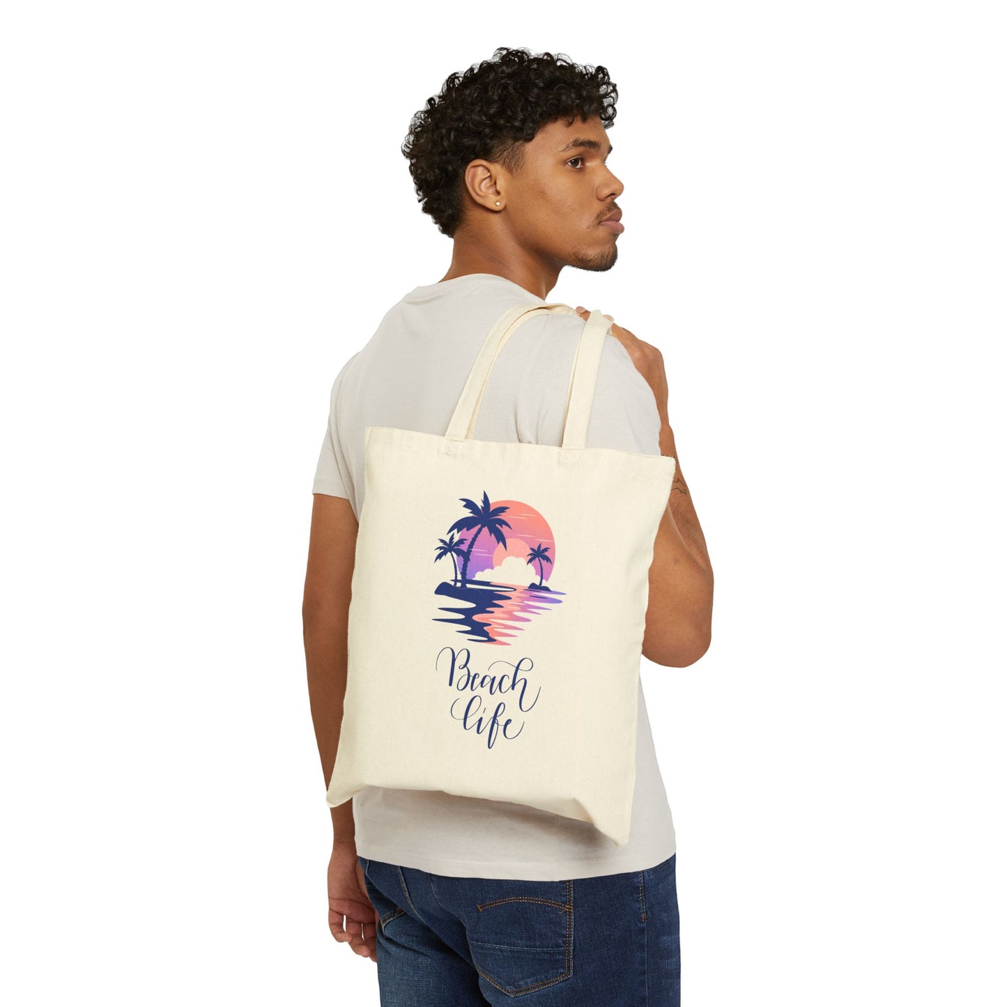 Beach Life Cotton Canvas Tote Bag – Coastal Palm Sunset Design