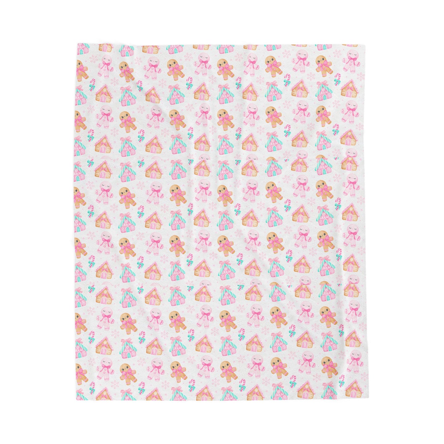 Pink Gingerbread Christmas Velveteen Plush Blanket, Holiday Cozy Soft Blanket, Great Holiday Gift, Gingerbread House Throw Bedding