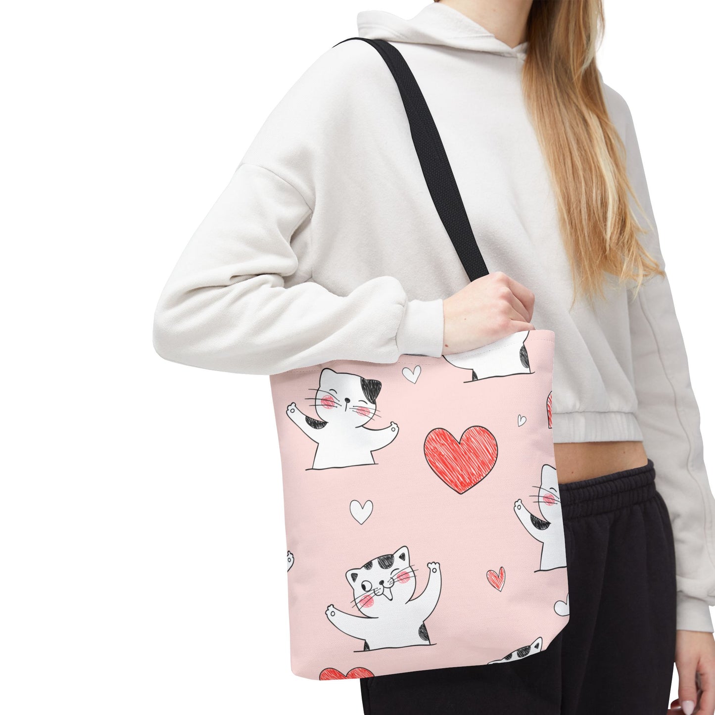 Cute Cat & Heart Canvas Tote Bag β Pink Reusable Shopping Bag for Cat Lovers