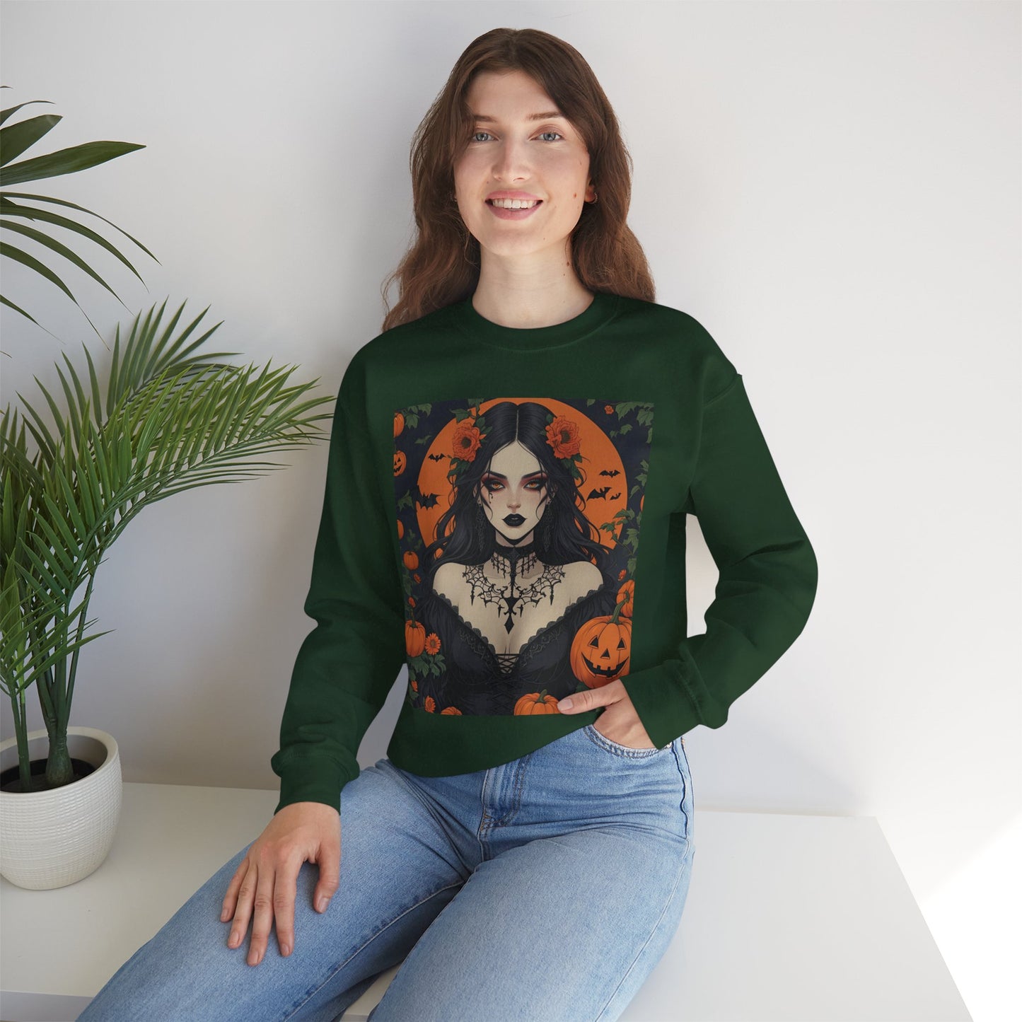 Floral Gothic Girl Halloween Sweatshirt, Cozy Crewneck for Fall, Spooky Season Apparel, Perfect for October Celebrations