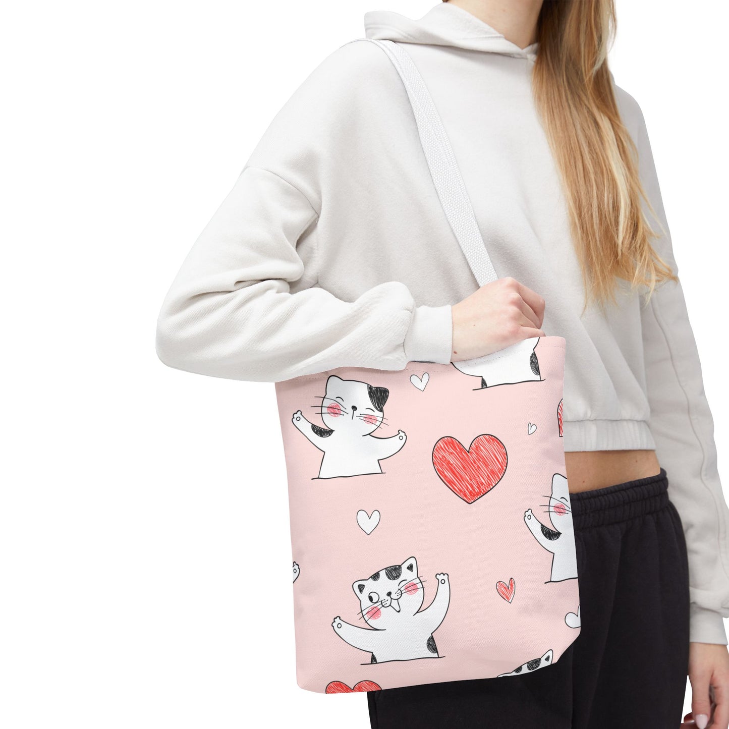 Cute Cat & Heart Canvas Tote Bag β Pink Reusable Shopping Bag for Cat Lovers