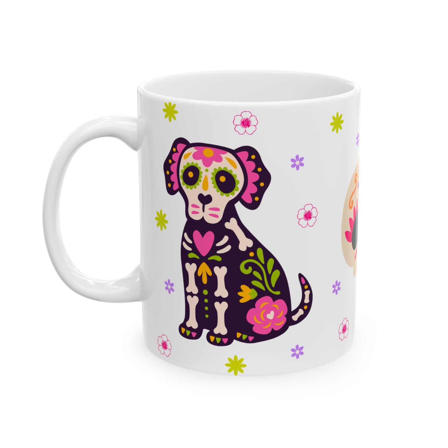 Colorful Day of the Dead Ceramic Mug, Halloween Gift, Sugar Skull Cup, Dog Lover's Mug, Festive Coffee Tea Cup