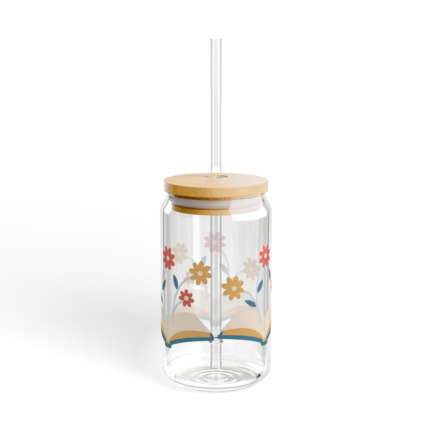 Floral Book Glass, 16oz Book Lover Sipper Cup with Bamboo Lid & Straw, Aesthetic Reading Gift, Cozy Iced Coffee Glass for Readers