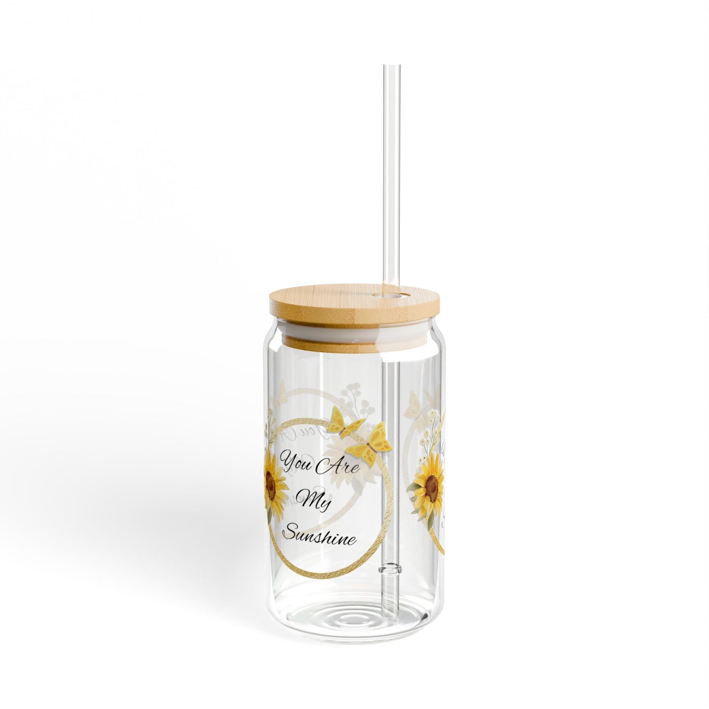 You Are My Sunshine Glass, 16oz Sunflower and Butterfly Sipper Cup with Bamboo Lid & Straw, Gift for Her, Summer Iced Coffee Glass