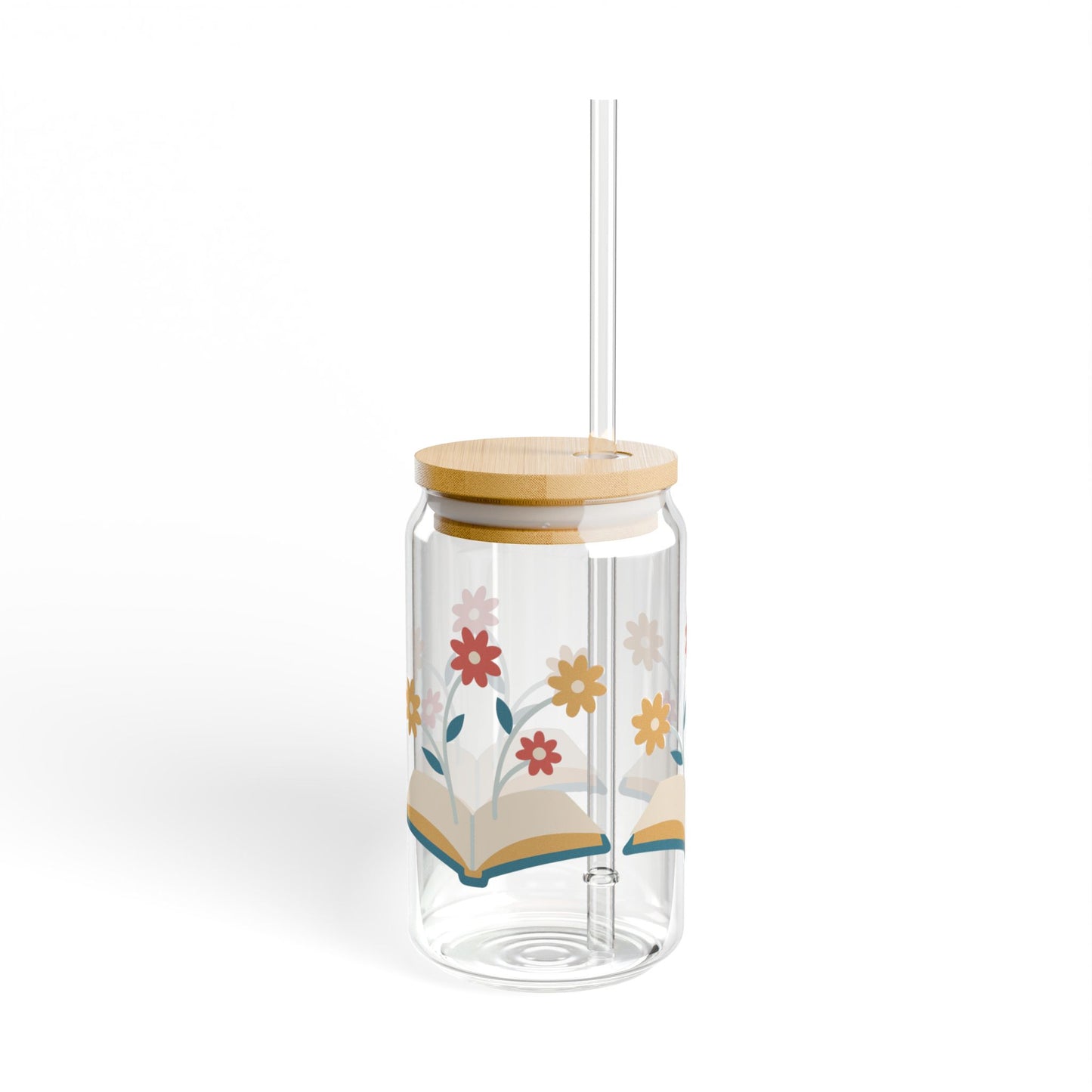 Floral Book Glass, 16oz Book Lover Sipper Cup with Bamboo Lid & Straw, Aesthetic Reading Gift, Cozy Iced Coffee Glass for Readers