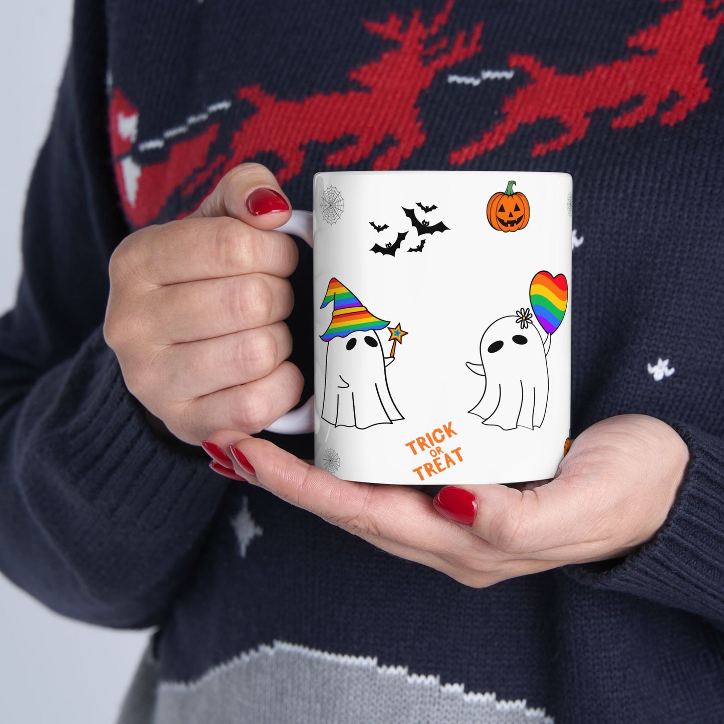 Pride Halloween Ghost Ceramic Mug, LGBTQ Coffee Mug, Rainbow Pride Tea Mug, 11oz, 15oz