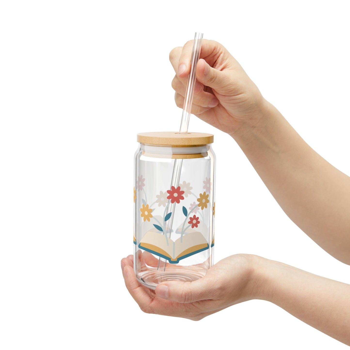 Floral Book Glass, 16oz Book Lover Sipper Cup with Bamboo Lid & Straw, Aesthetic Reading Gift, Cozy Iced Coffee Glass for Readers