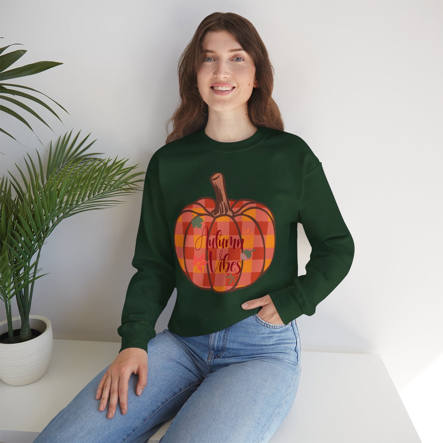 Autumn Vibes Pumpkin Sweatshirt, Cozy Fall Apparel, Unisex Crewneck for Harvest Season, Perfect for Thanksgiving, Pumpkin Lovers, Gift Idea