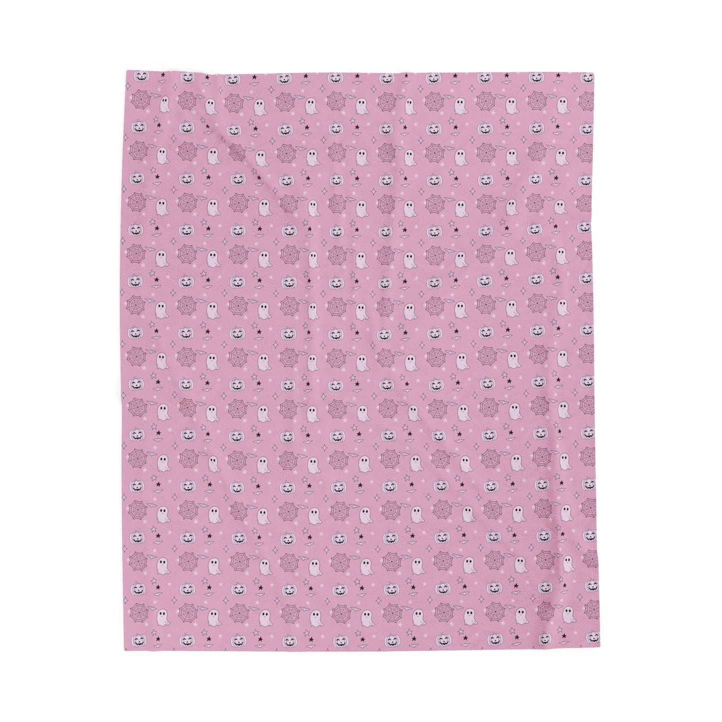 Pink Halloween Plush Blanket – Ghost, Pumpkin & Spider Web Cozy Throw for Fall, Spooky Season Decor & Halloween Gift