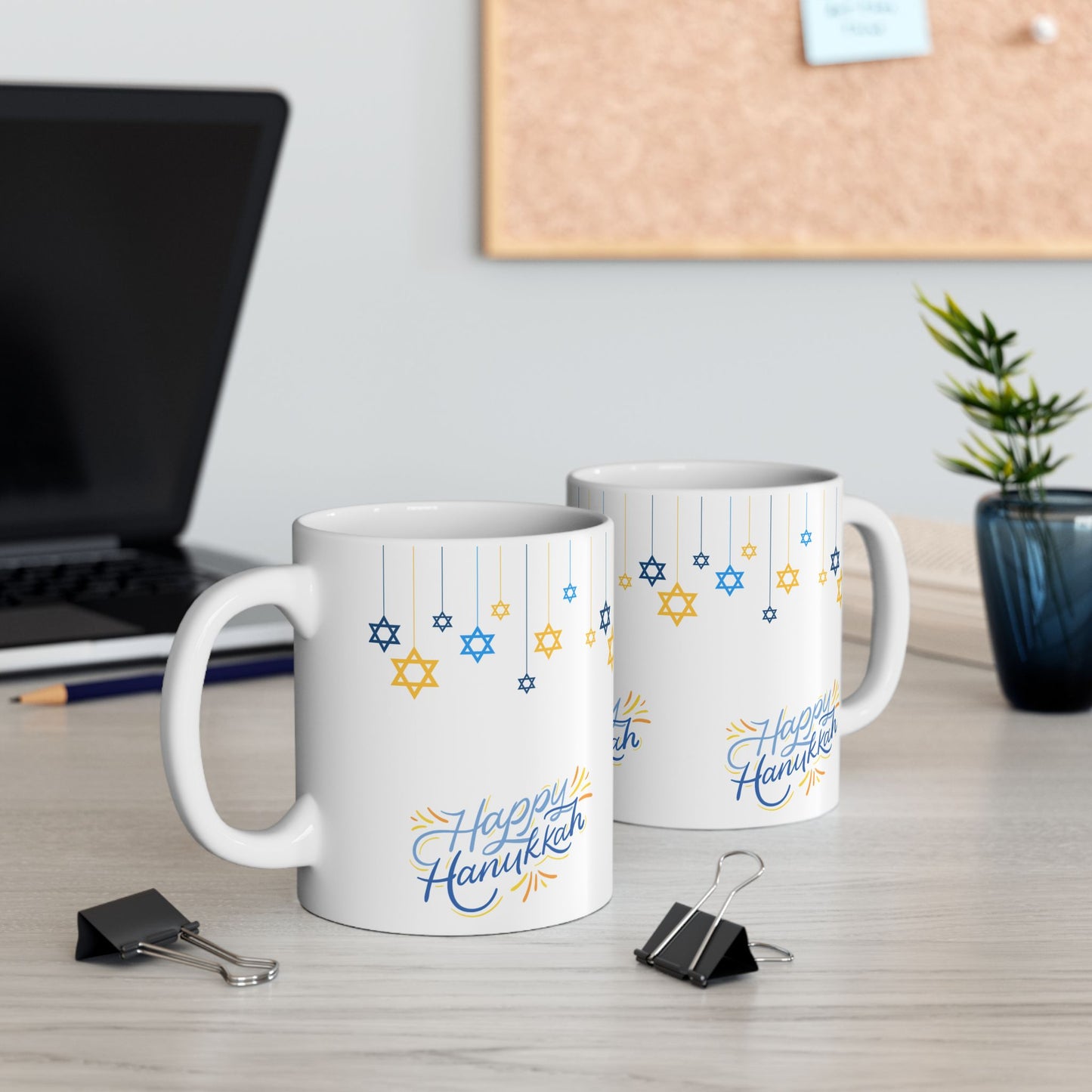 Happy Hanukkah Ceramic Mug – Blue & Gold Star of David Design, 11oz or 15oz Gift Mug 11oz or 15oz