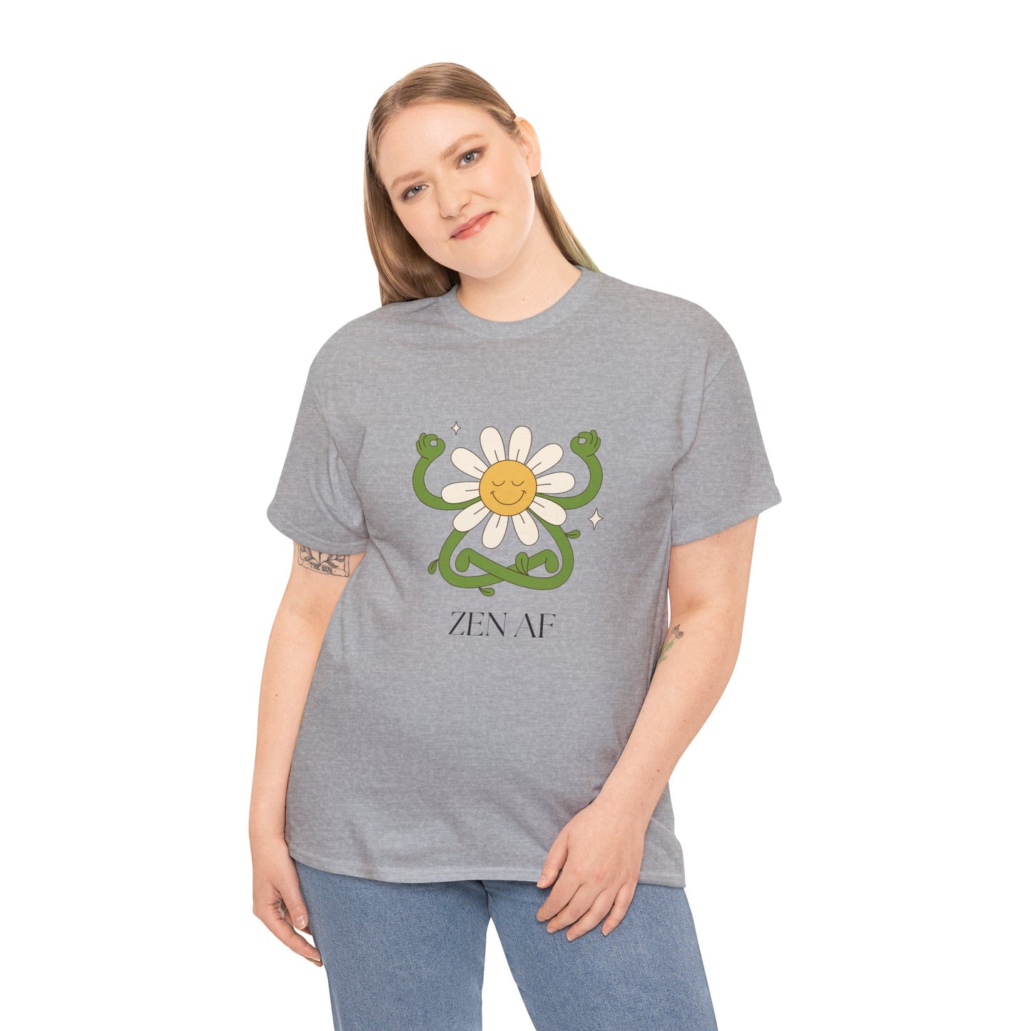 Zen AF Daisy Unisex Heavy Cotton Tee, Relaxed Fit Shirt, Positive Vibes Tee, Gift for Mindfulness, Casual Wear for Every Occasion