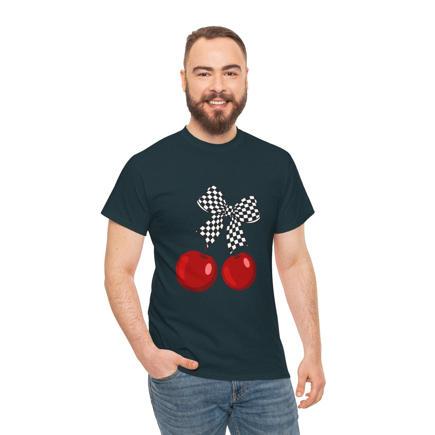Cherry Bow Unisex Heavy Cotton Tee, Cute Graphic Tee, Casual Wear, Summer Shirt, Perfect Gift, Retro Style Tee