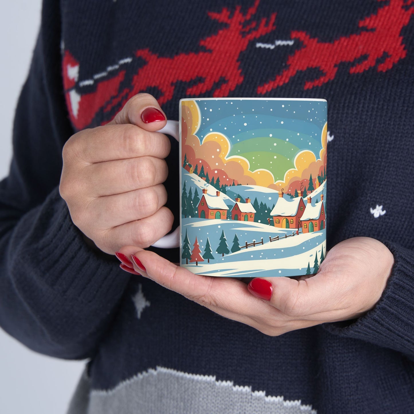 Ceramic Mug Winter Snow Scene, Town and Trees Holiday Gift, Winter Coffee Cup, Festive Hot Cocoa Mug, Christmas Gift, Seasonal Tea